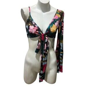 Call me eden  Blouse Womens S Black Tropical Floral One-Shoulder Tie